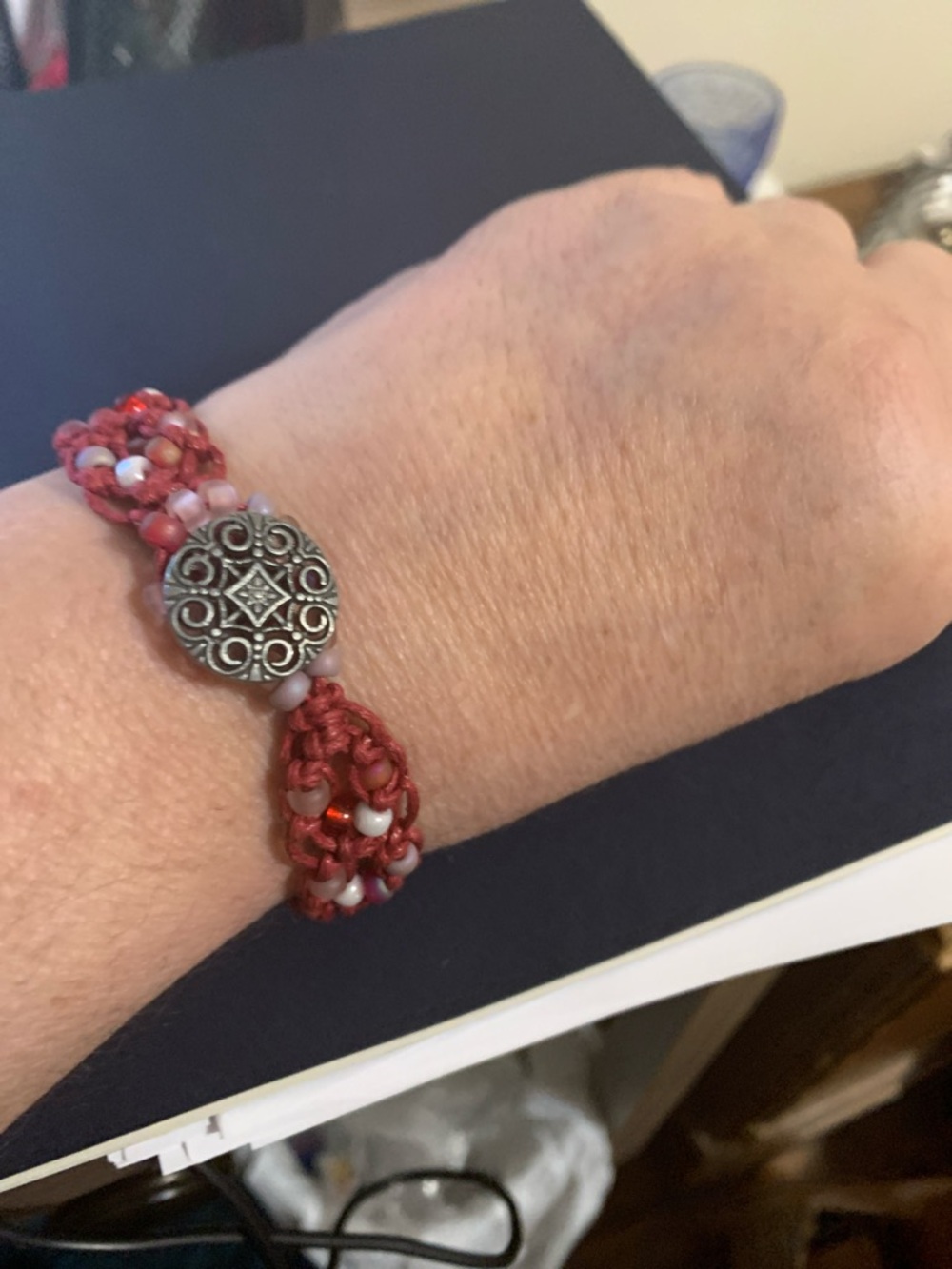 Handmade Red Beaded Macramé Bracelet with Decorative Button